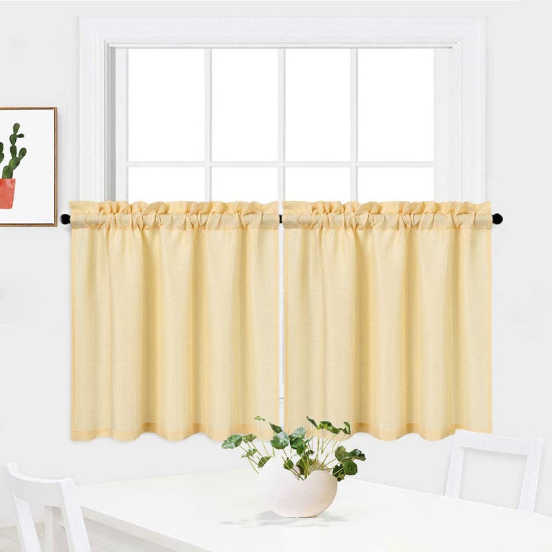 NANAN Tier Curtains,Waffle Woven Textured Short Curtains for Bathroom Waterproof Window Covering for Kitchen - 30" x 24", Yellow, Set of 2 - Image 2
